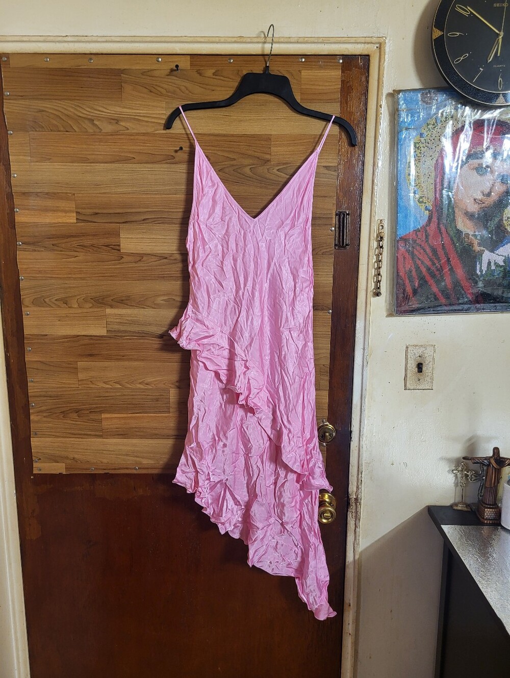 100% Viscose H&M Satin Ruffled Asymmetrical Flounced Slip Dress In Pink Medium